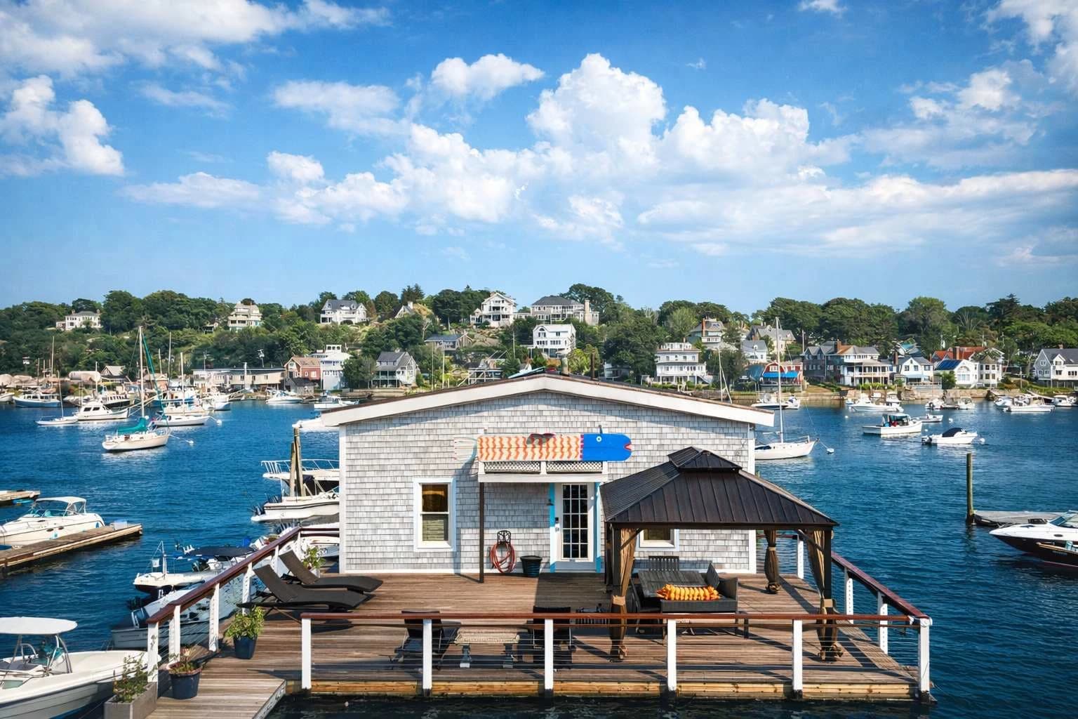 Waterfront boathouse with sweeping harbor views at The Neck in Gloucester, Massachusetts